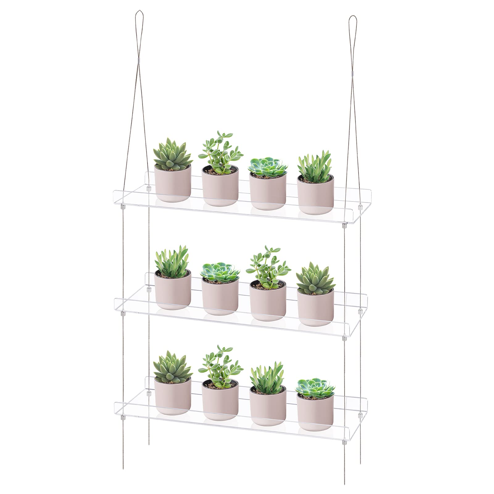 Sumerflos front view of three-tier clear shelves showing neat plant display and airy aesthetic