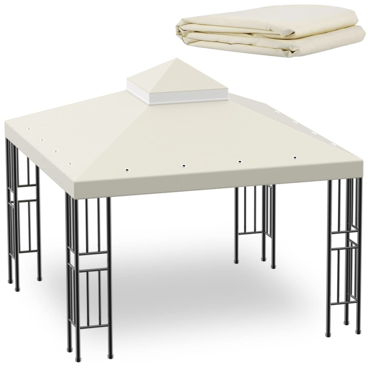 Sumfaller front view of beige canopy top showing full coverage and neat seams