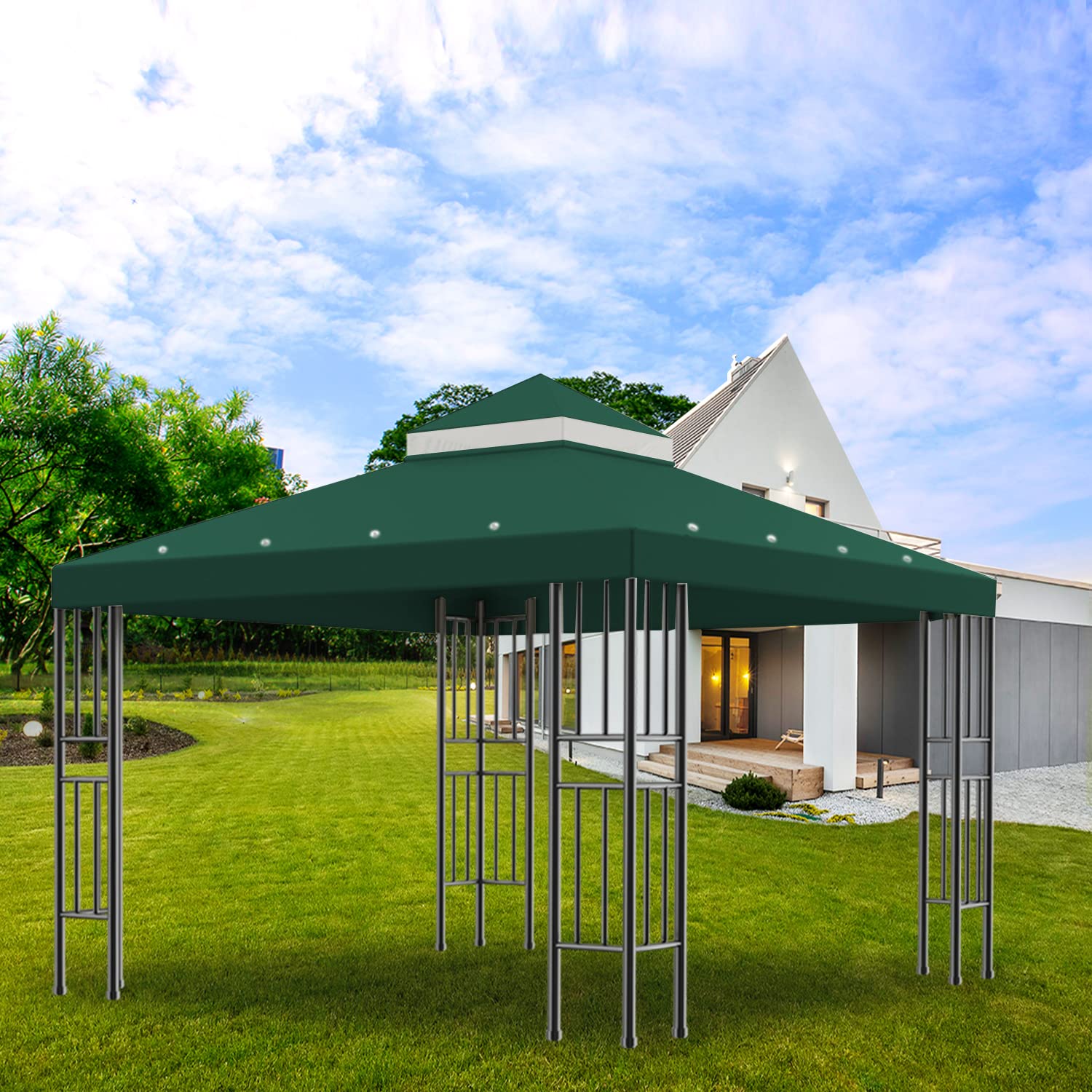 Sumfaller canopy installed on a gazebo frame in a backyard showing usable shade