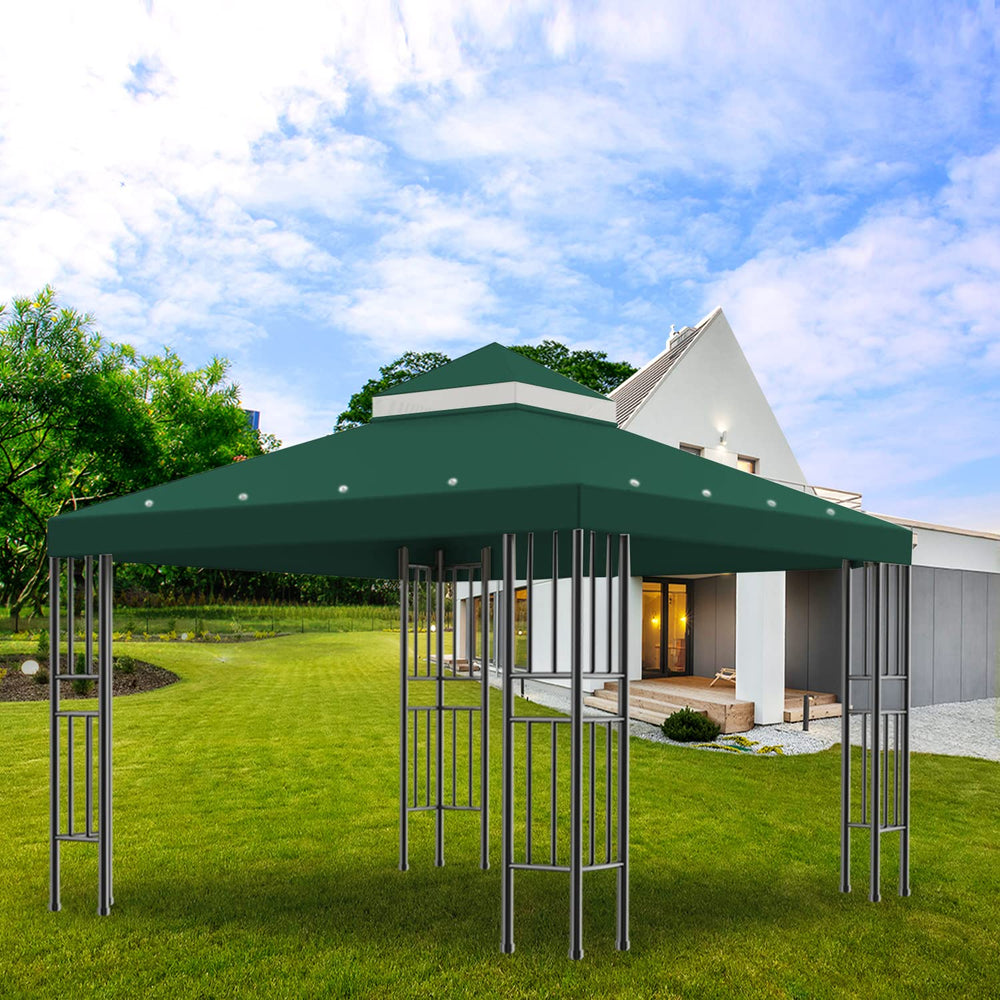 Sumfaller canopy installed on a gazebo frame in a backyard showing usable shade