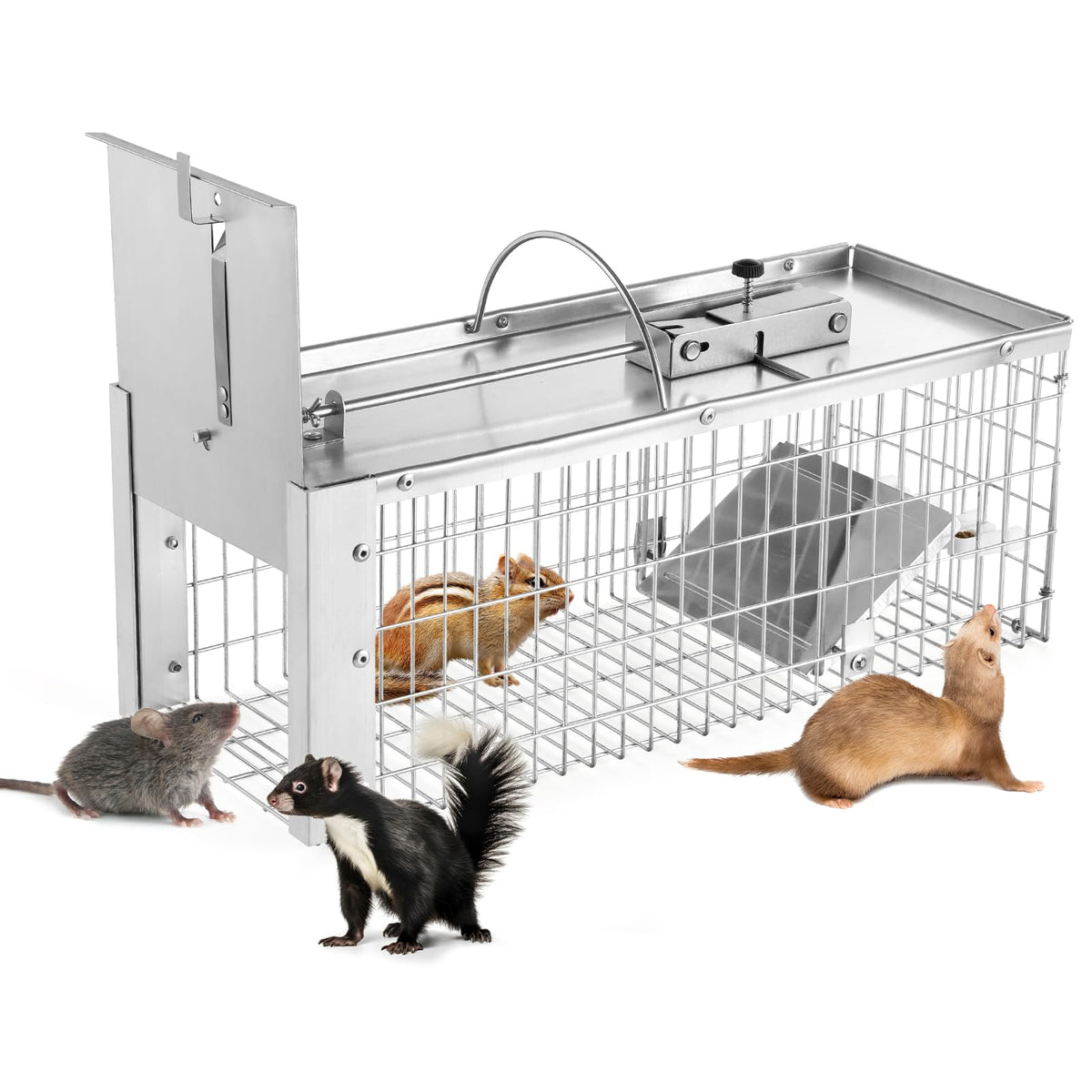 Sumkat front view cage trap showing full capture area and benefit of humane design