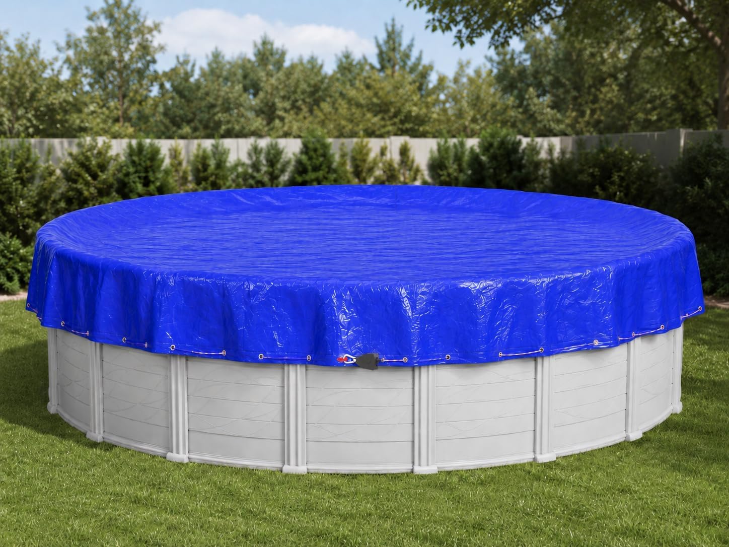 SUMMERBUDDY navy 18 ft cover on pool showing full edge protection and easier maintenance