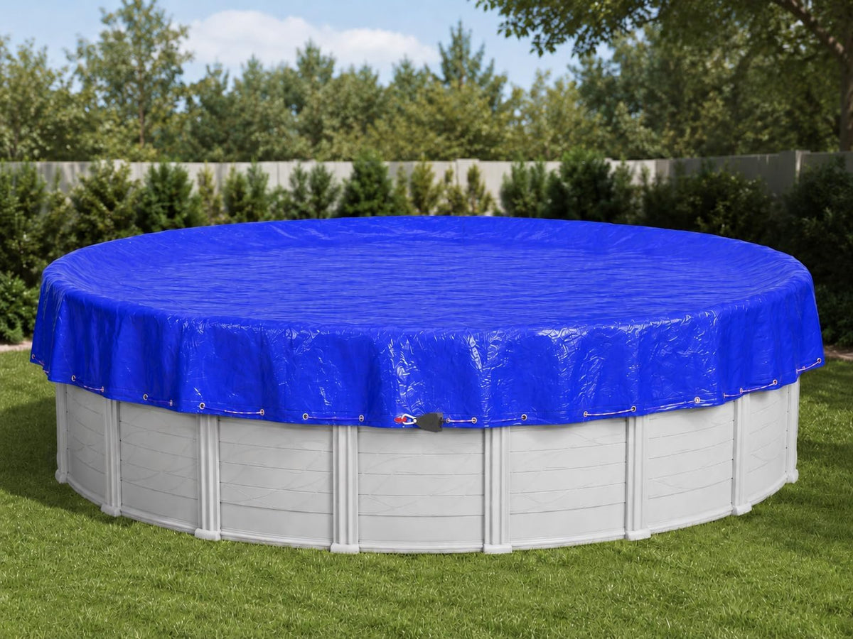SUMMERBUDDY navy 18 ft cover on pool showing full edge protection and easier maintenance
