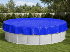 SUMMERBUDDY navy 18 ft cover on pool showing full edge protection and easier maintenance