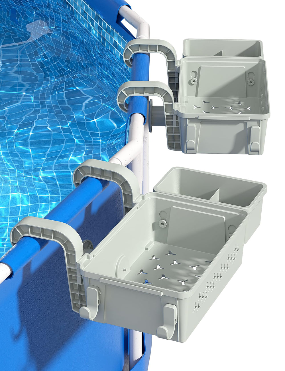 SUMMERBUDDY front view attached to pool rail showing stable storage benefit