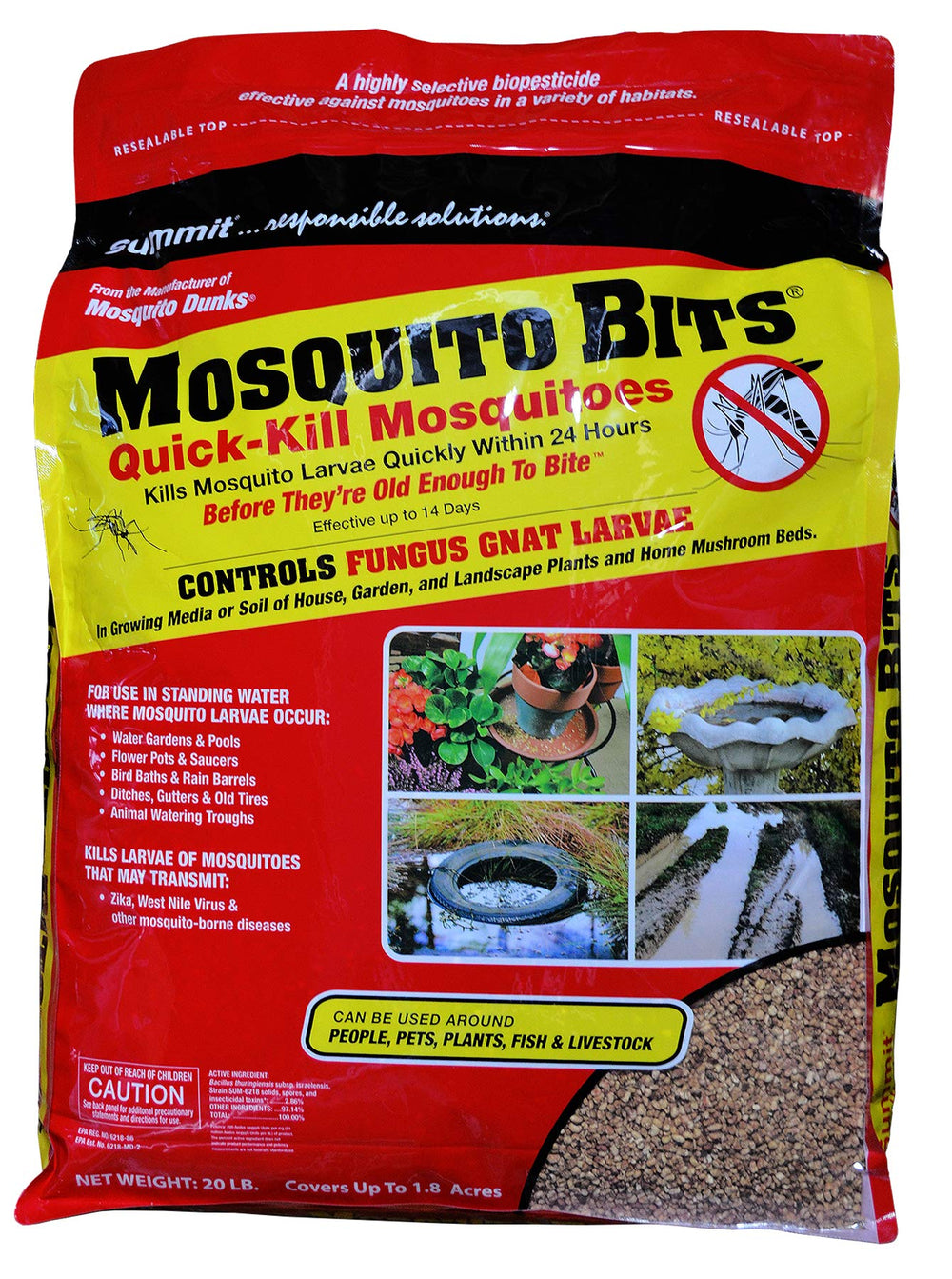 Summit Mosquito Bits front packaging showing bag and quick larval control benefit