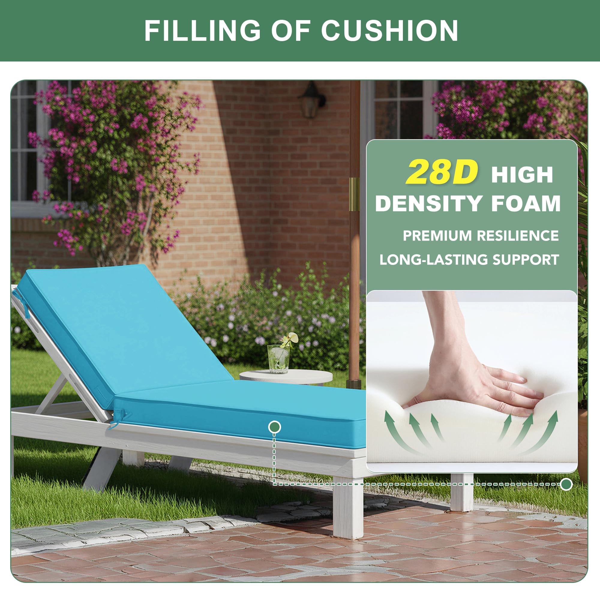 Summsun seat cushion on patio lounge showing fit and style benefit: elevates outdoor decor