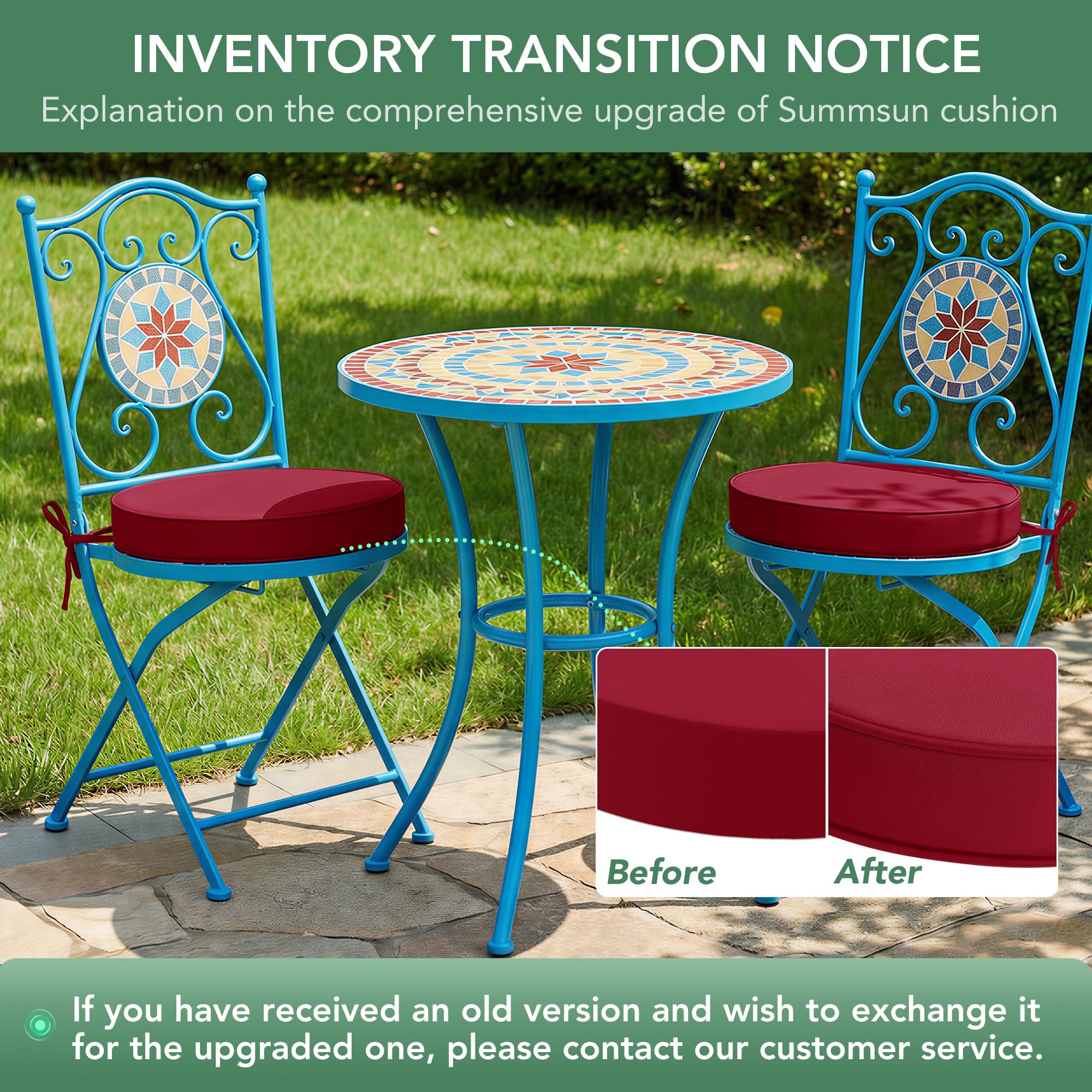 Summsun cushion on a porch chair in garden setting showing weather resistance and visual appeal benefit