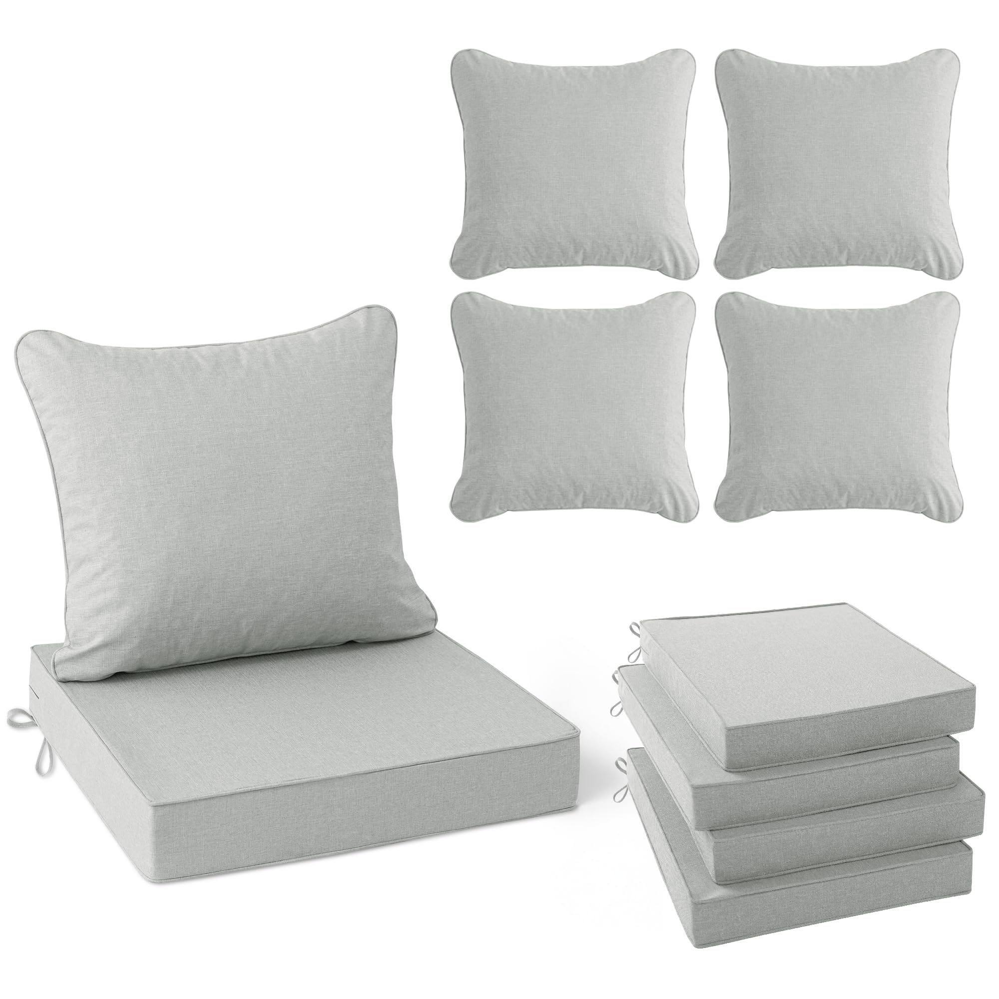 Summsun front-facing patio cushions set on chairs showing neat light grey styling and comfort