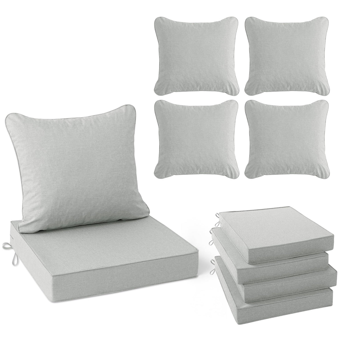 Summsun front-facing patio cushions set on chairs showing neat light grey styling and comfort