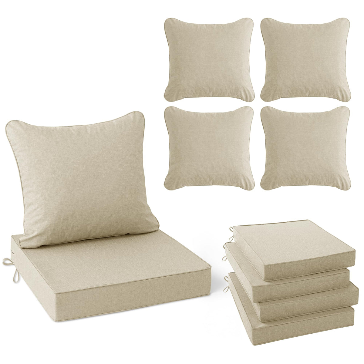 Summsun front view of four beige cushions showing coordinated outdoor style and comfort