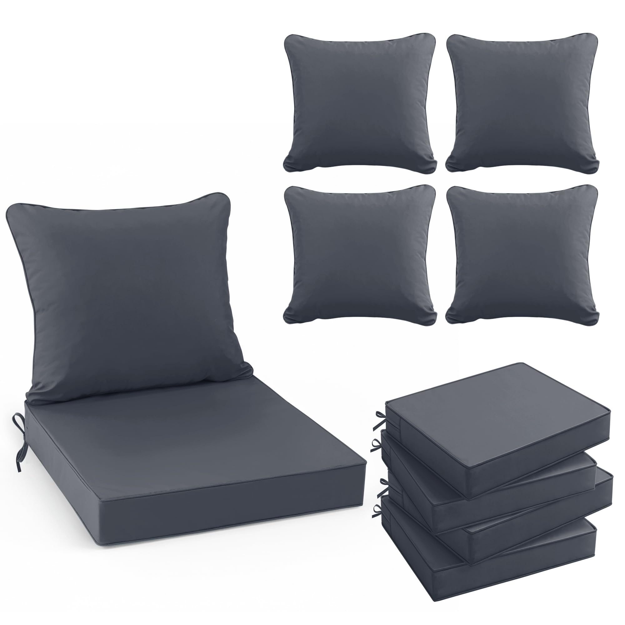 Summsun front packaging showing four dark grey cushions and compact box, highlights easy setup