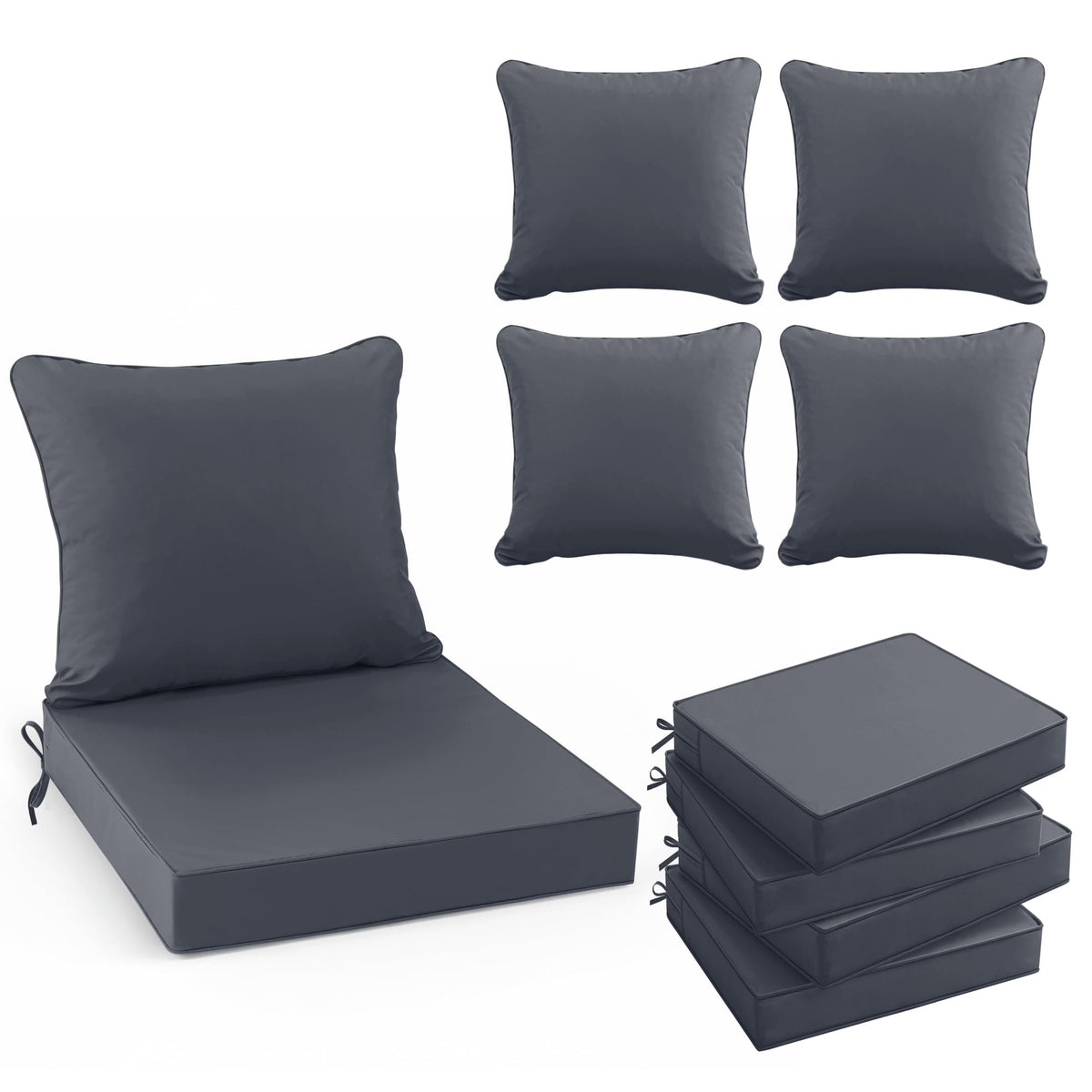 Summsun front packaging showing four dark grey cushions and compact box, highlights easy setup