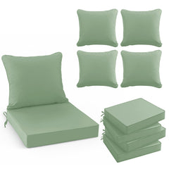 Summsun front view of packaged 24x24 sage green cushions showing set of four and neat stacking for easy setup