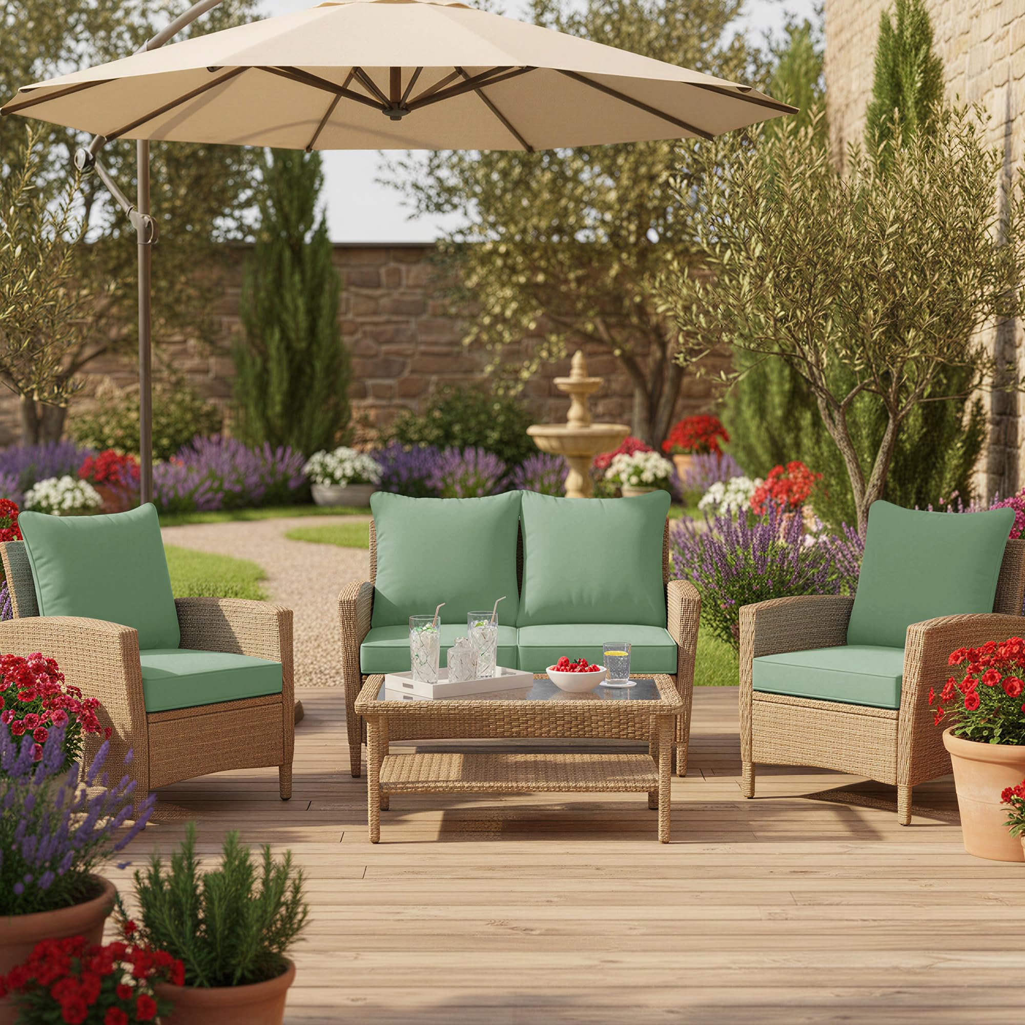 Summsun lifestyle image on deck showing sage green cushions creating an inviting outdoor seating area