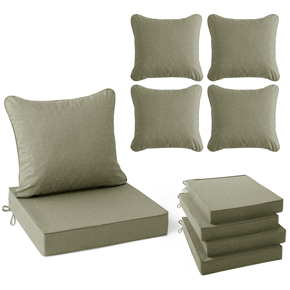 Summsun front view of mocca green cushions showing neat finished appearance and outdoor style.