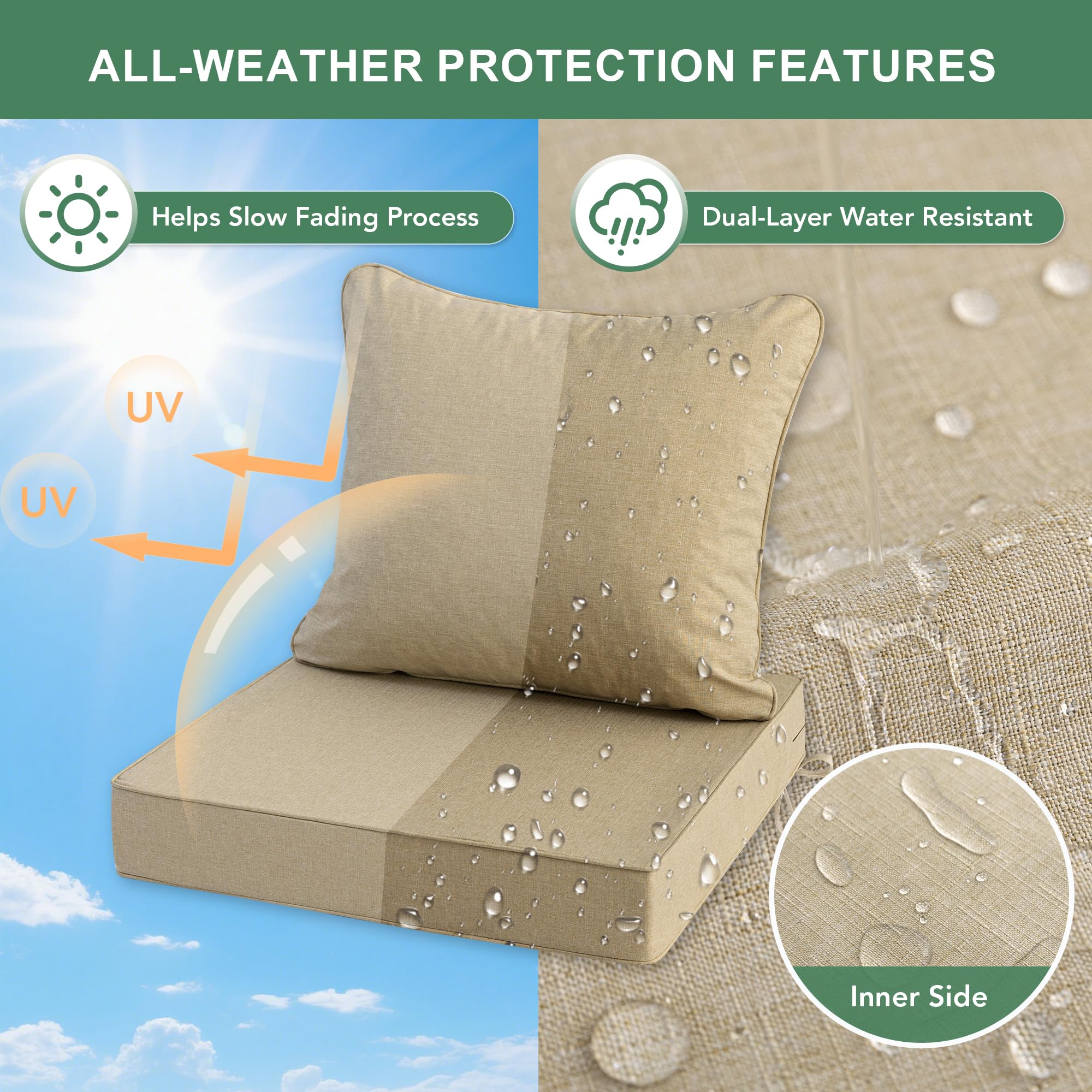 Summsun seat cushion cross-section showing 28D foam for firm support