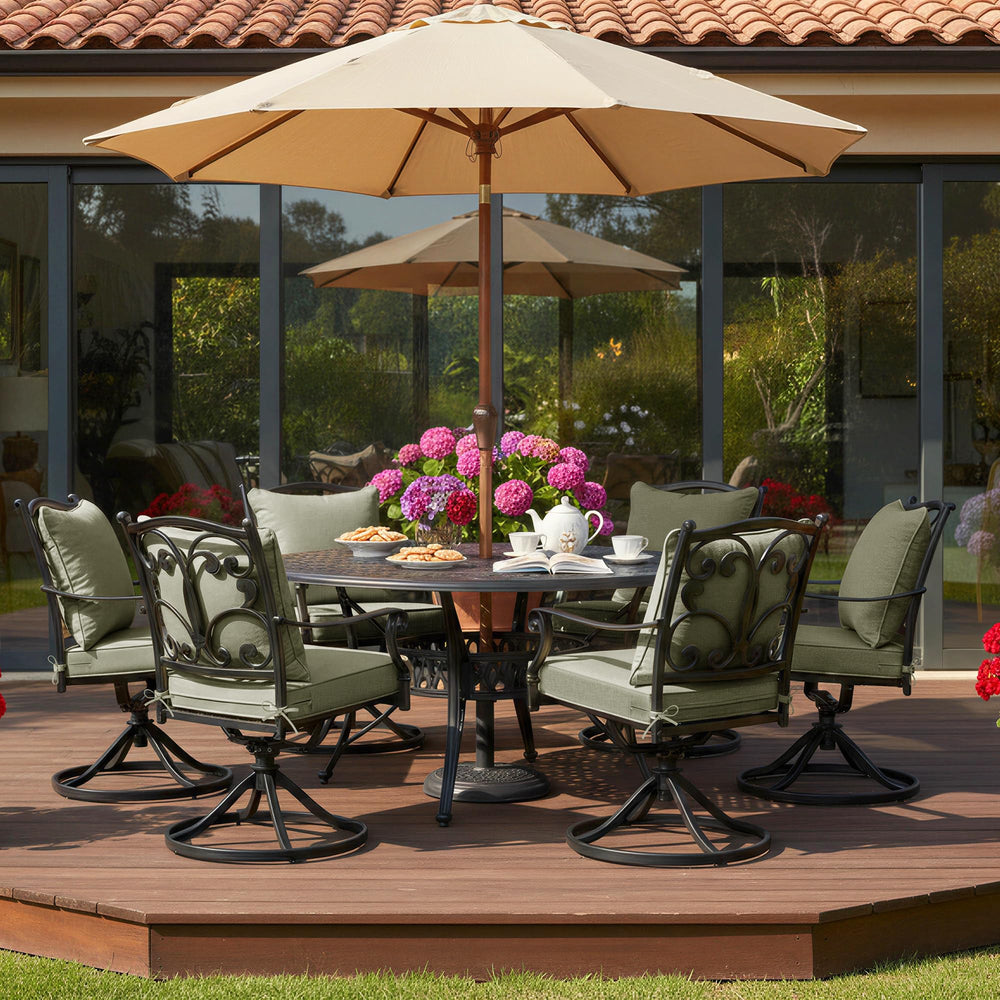 Summsun four cushions styled around outdoor dining table creating cohesive look