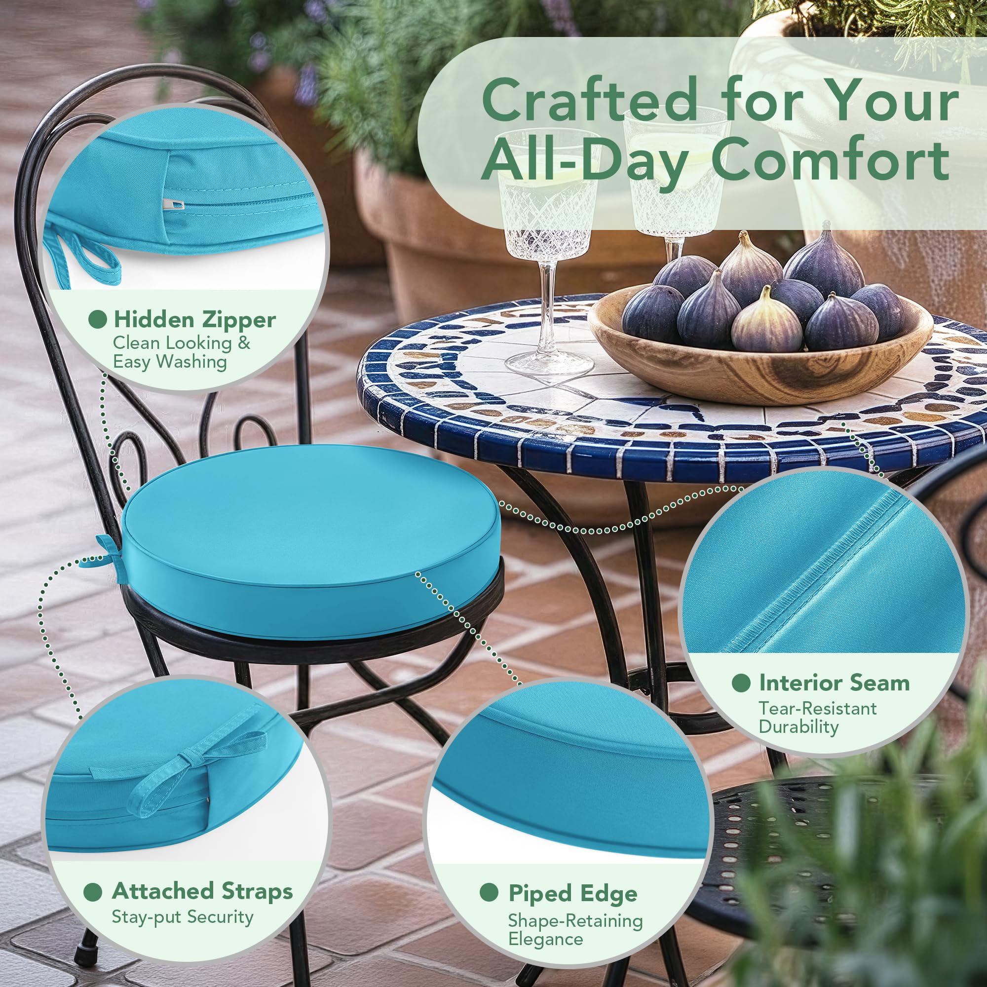 Summsun cushion placed on bistro chair illustrating secure fit and added comfort