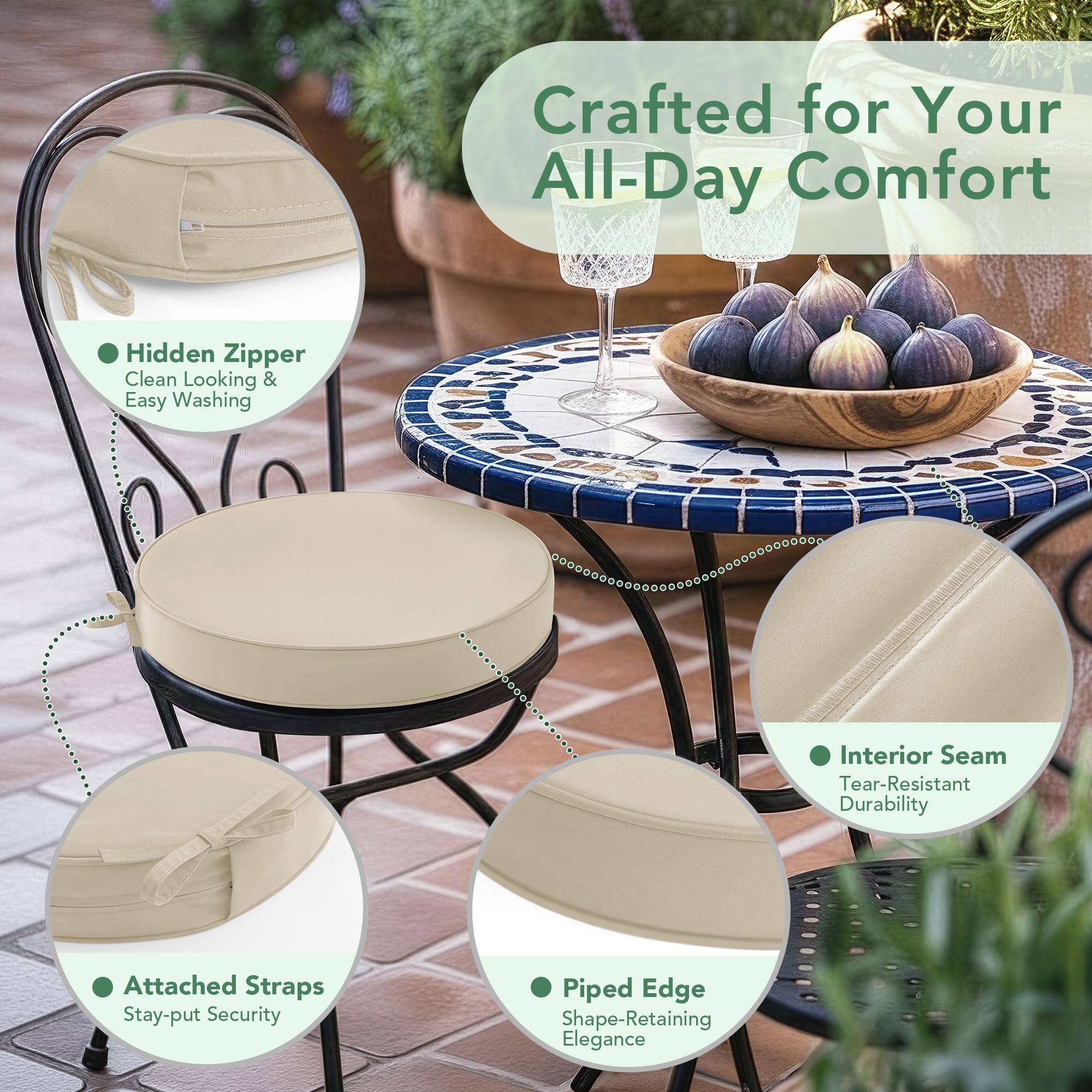 Summsun cushion tied to metal bistro chair preventing slipping outdoors