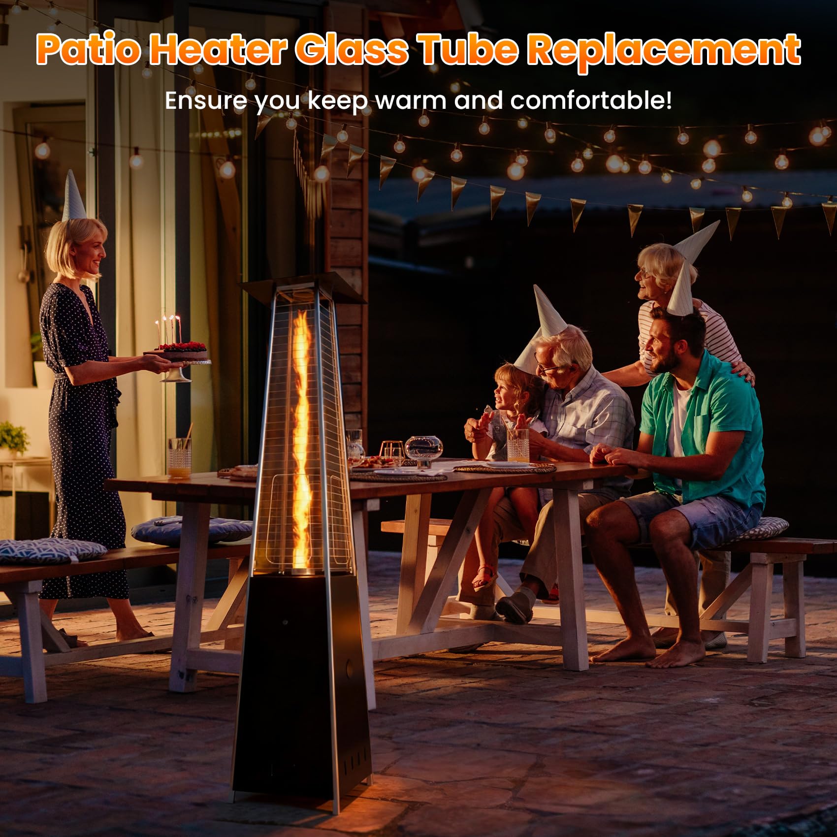 SUMNEW outdoor heater with tube in use showing reliable warm ambiance