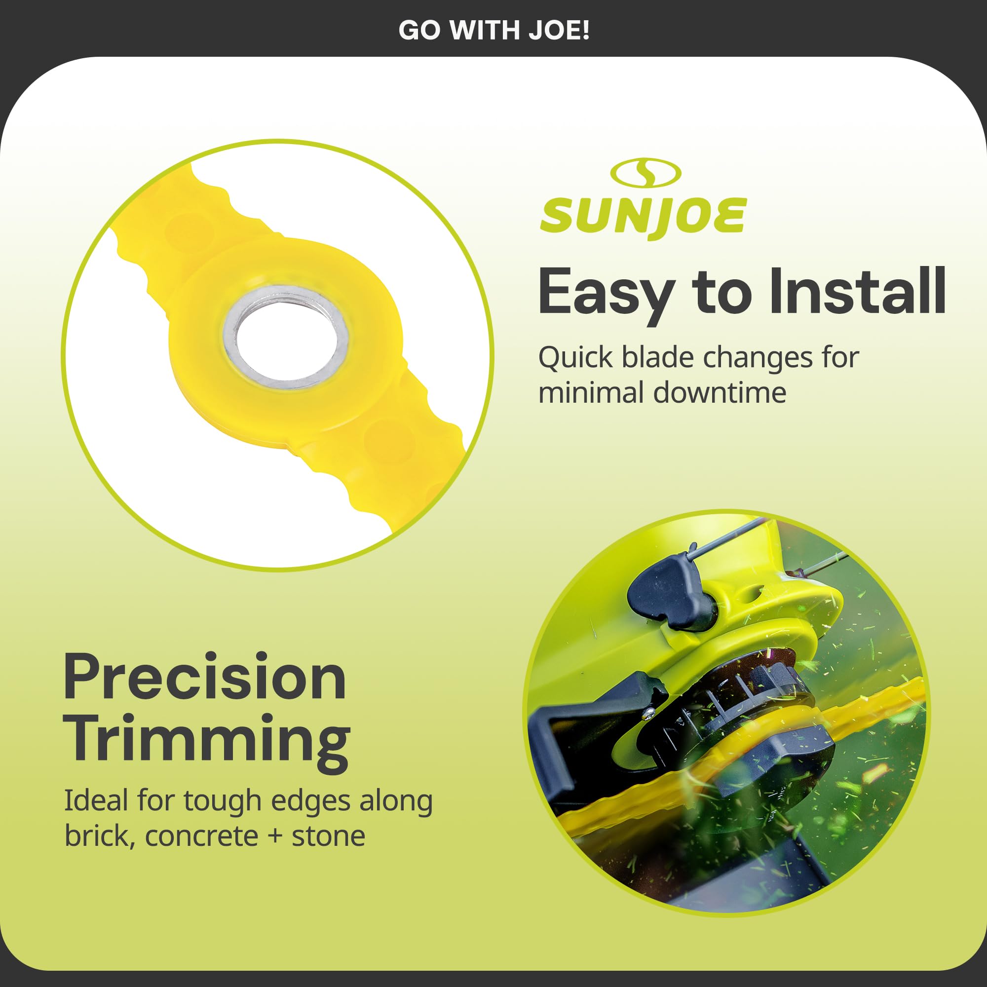 Sun Joe blades installed on 24V-SB10 trimmer demonstrating secure fit and restored trimming power