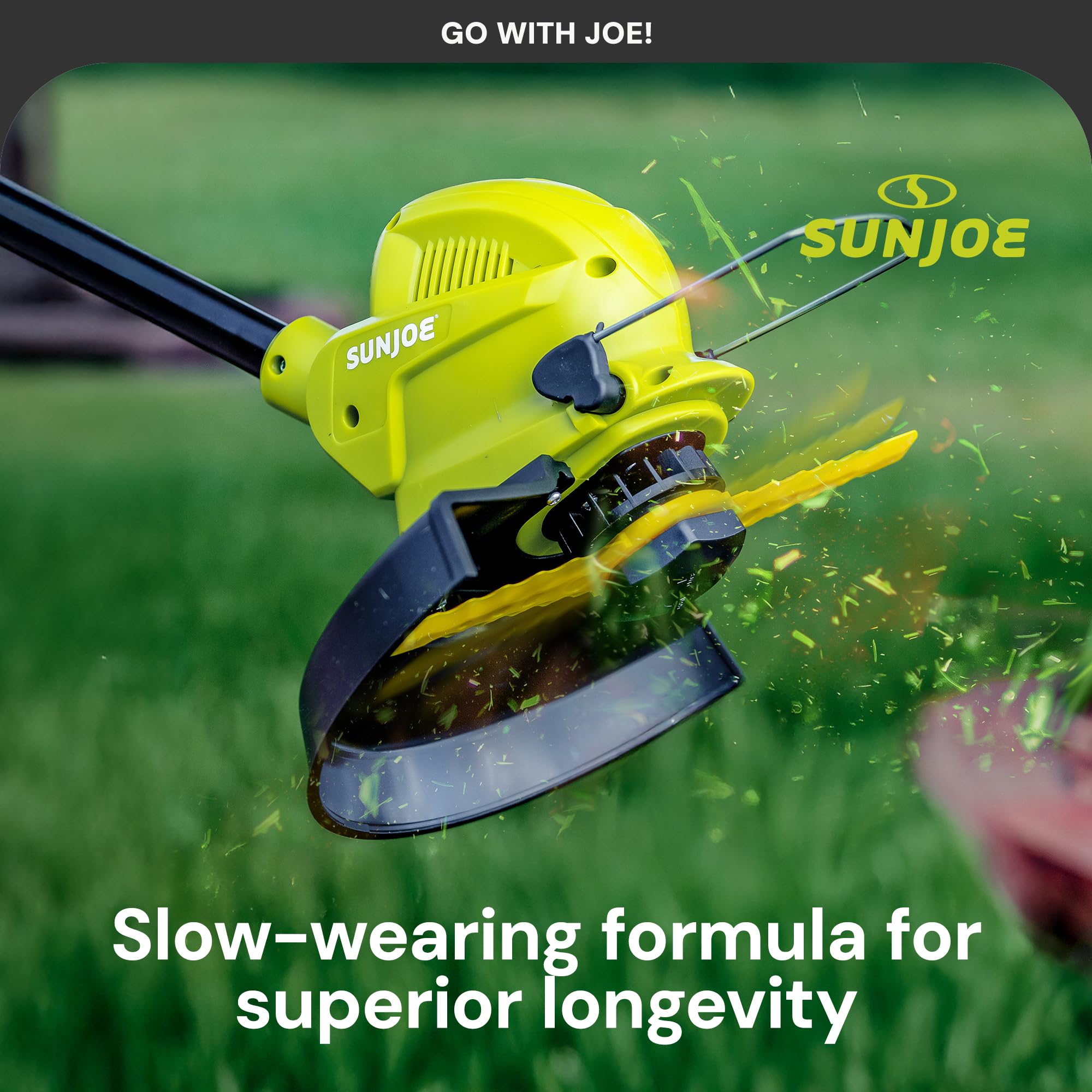 Hand holding Sun Joe blade for size comparison showing compact design and easy storage benefit