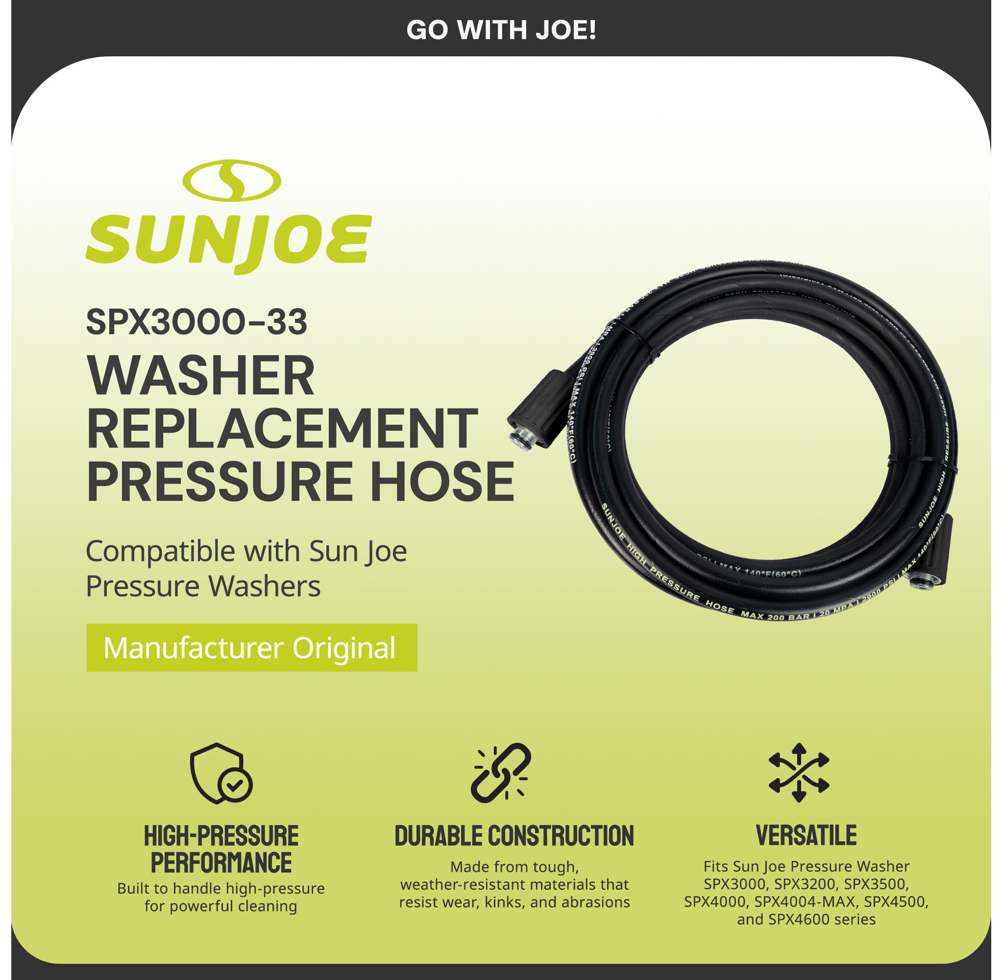 Sun Joe replacement hose full length view showing correct fit and restored reach