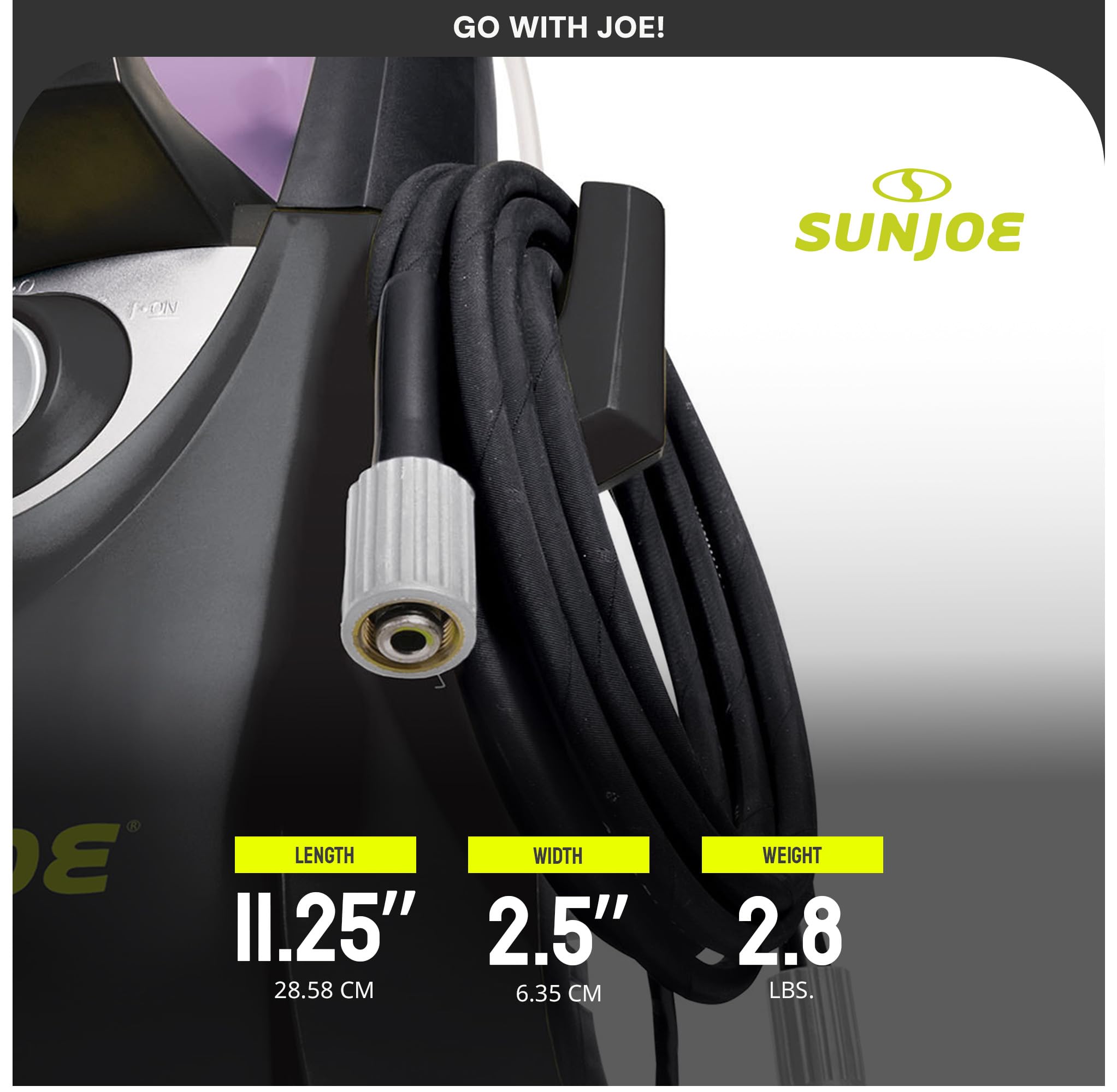 Sun Joe hose next to spray gun demonstrating correct scale and easy handling