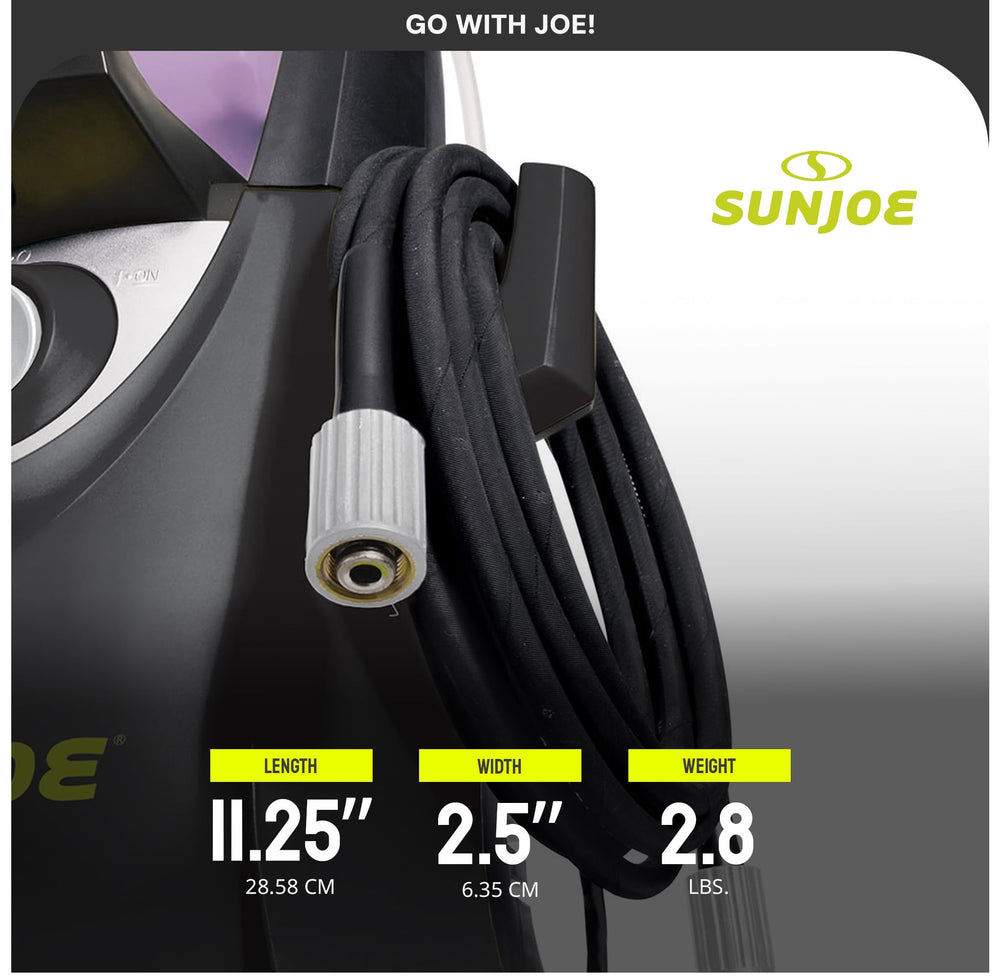 Sun Joe hose next to spray gun demonstrating correct scale and easy handling
