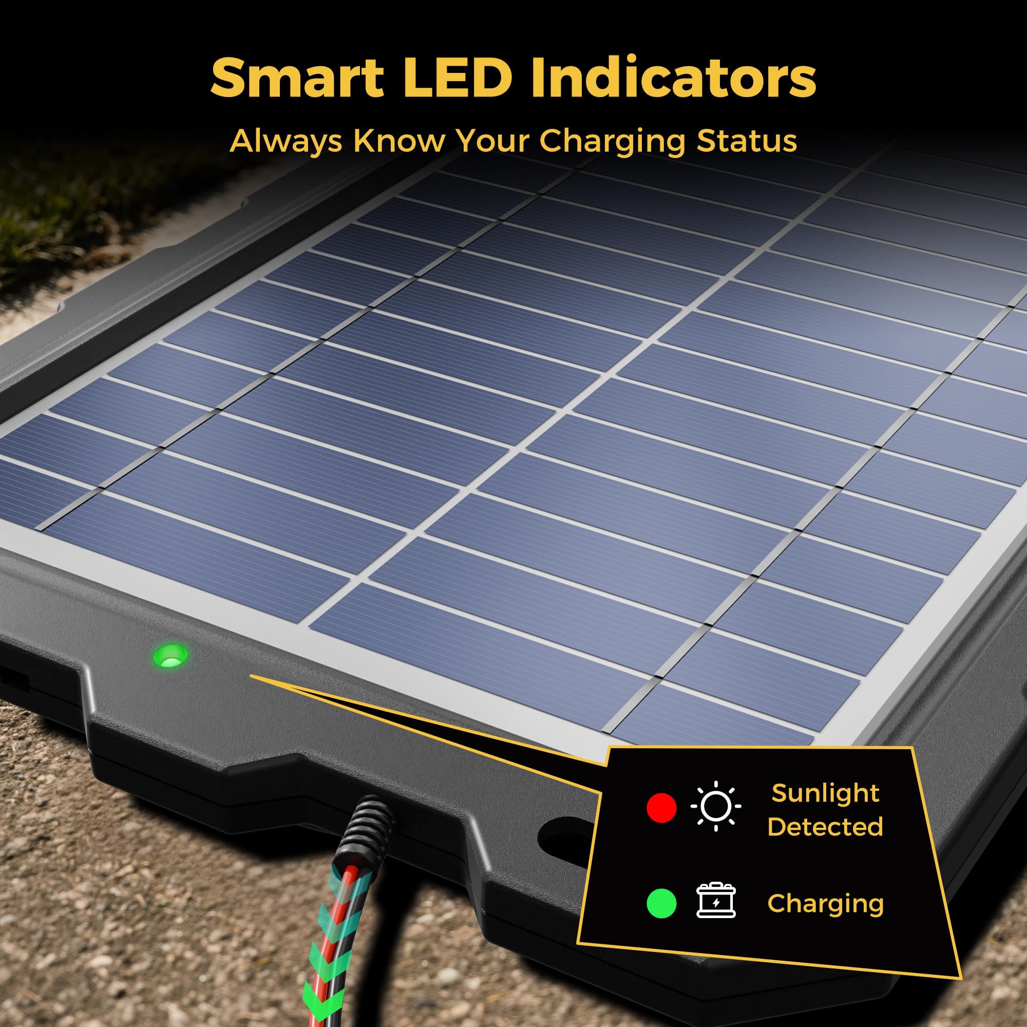 SUNAPEX controller LEDs illuminated showing charging status at a glance