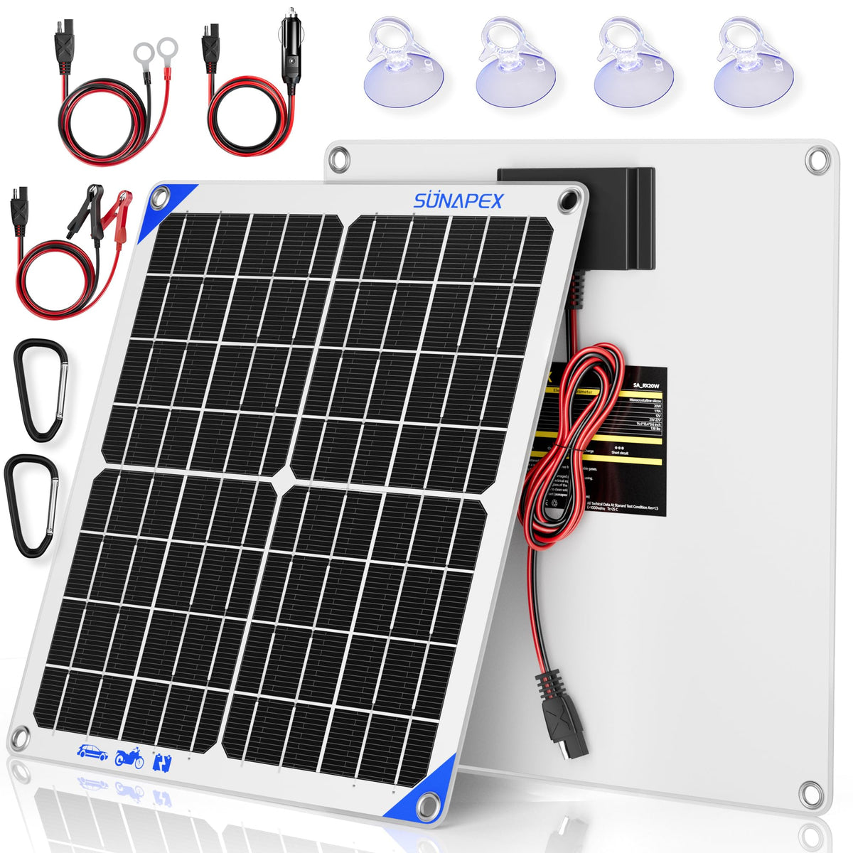 SUNAPEX front panel view showing slim 20W charger and branding, ideal for compact installation