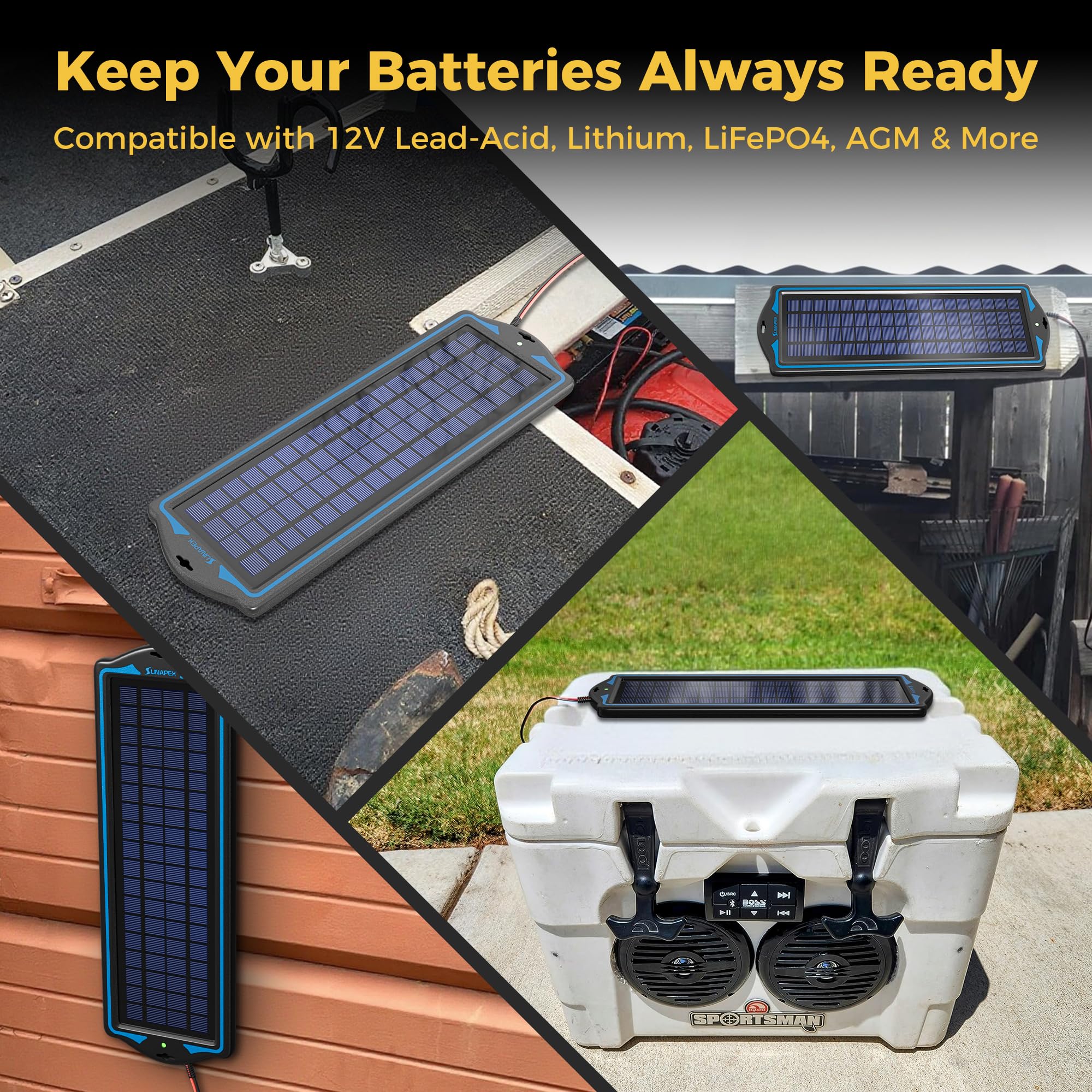 SUNAPEX panel beside boat battery demonstrating outdoor battery maintenance