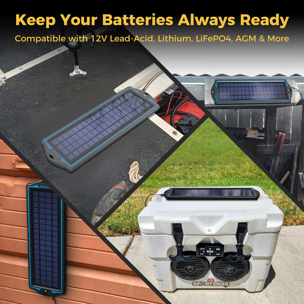 SUNAPEX panel beside boat battery demonstrating outdoor battery maintenance