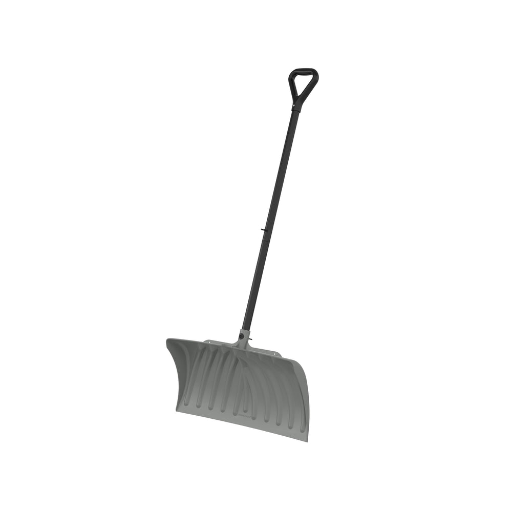 Suncast front view of 27-inch snow pusher showing wide blade and shaft, durable clearing