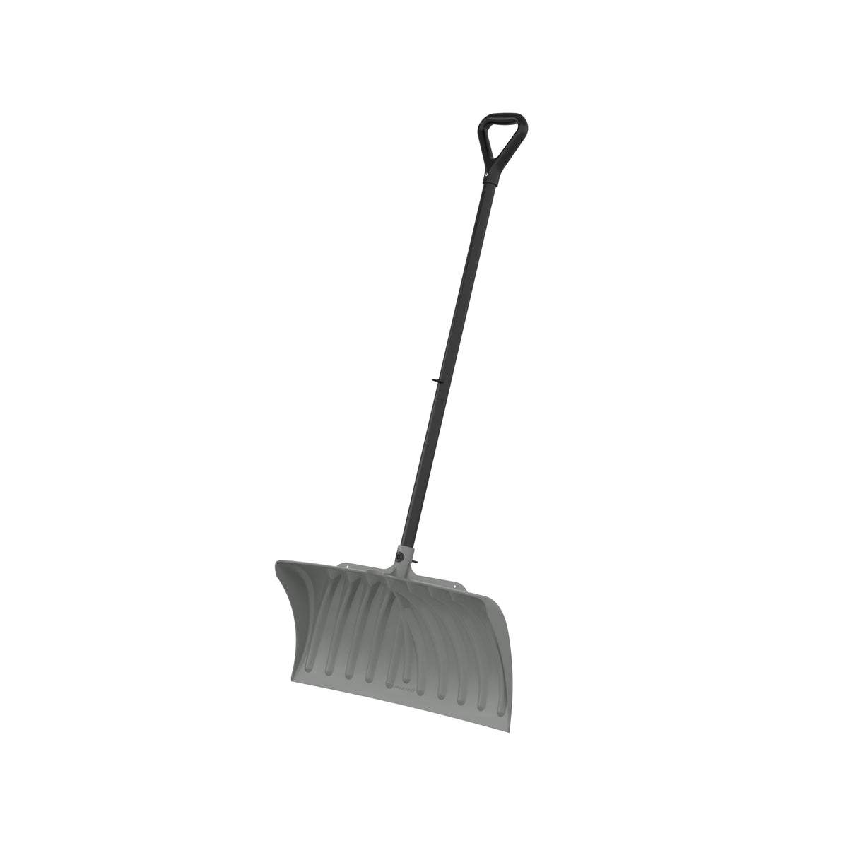 Suncast front view of 27-inch snow pusher showing wide blade and shaft, durable clearing