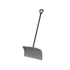 Suncast front view of 27-inch snow pusher showing wide blade and shaft, durable clearing