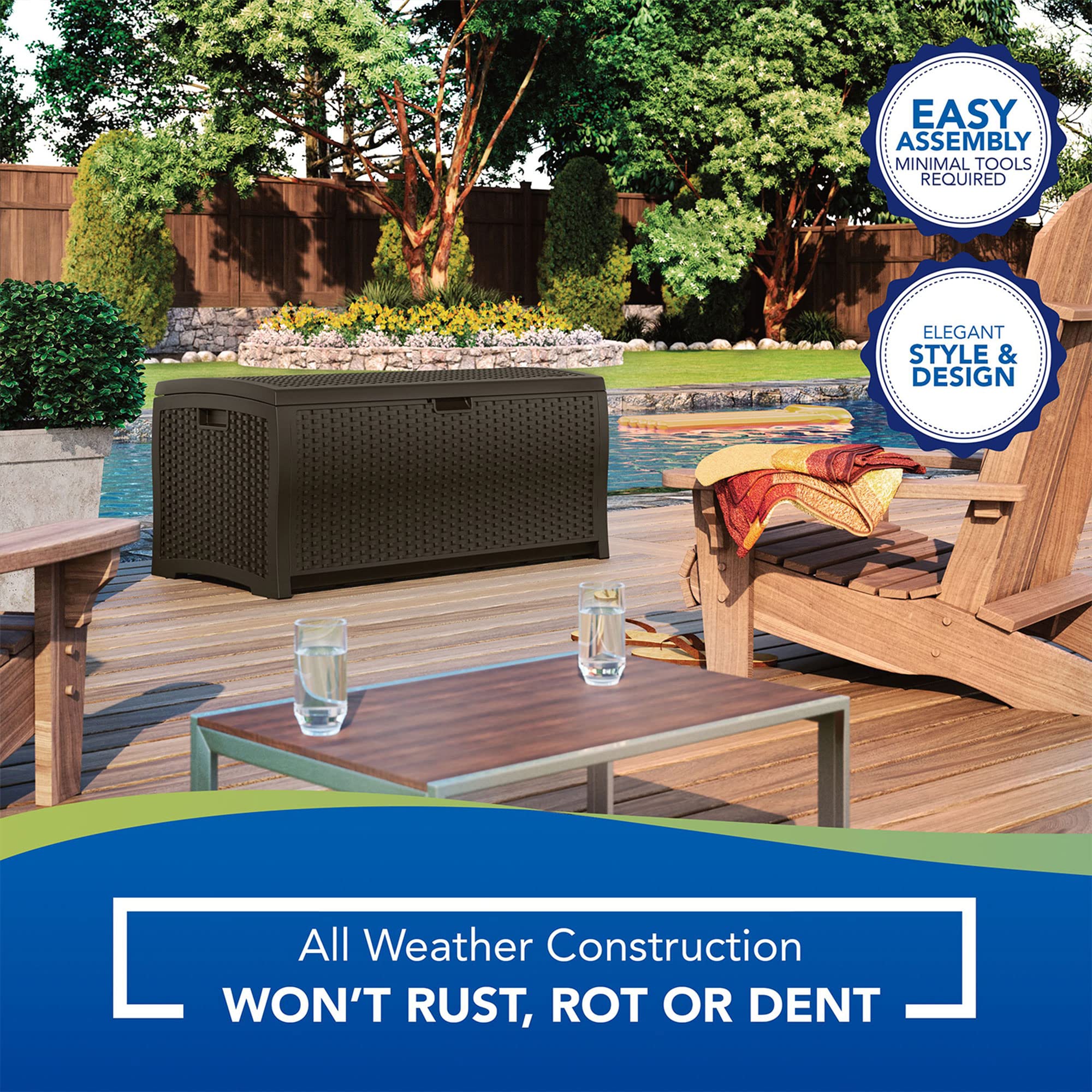 Suncast storage box on patio with cushions showing aesthetic integration benefit