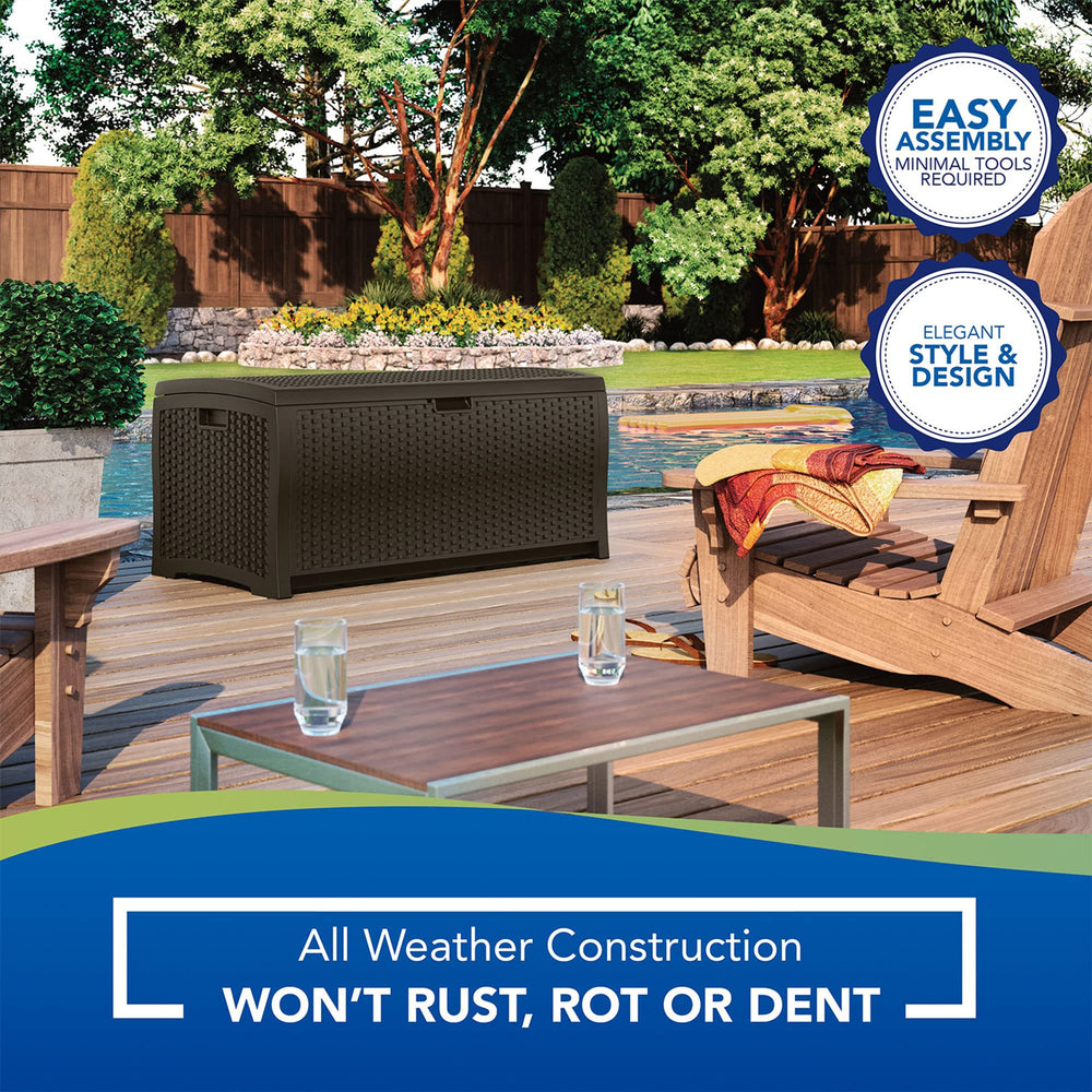 Suncast storage box on patio with cushions showing aesthetic integration benefit