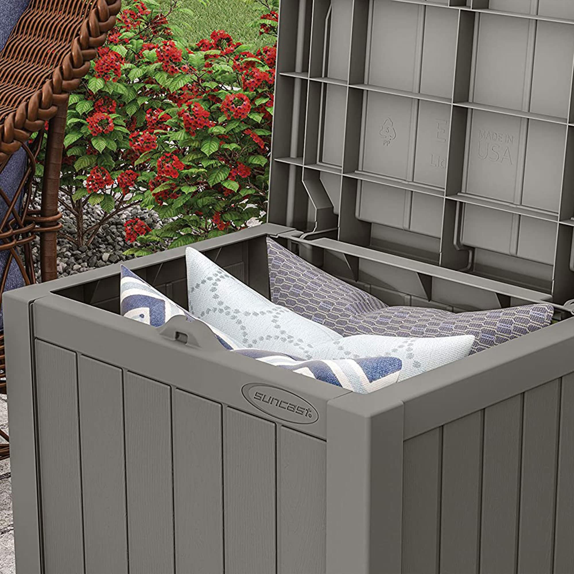 Suncast assembled on patio shows blend with outdoor furniture and low maintenance