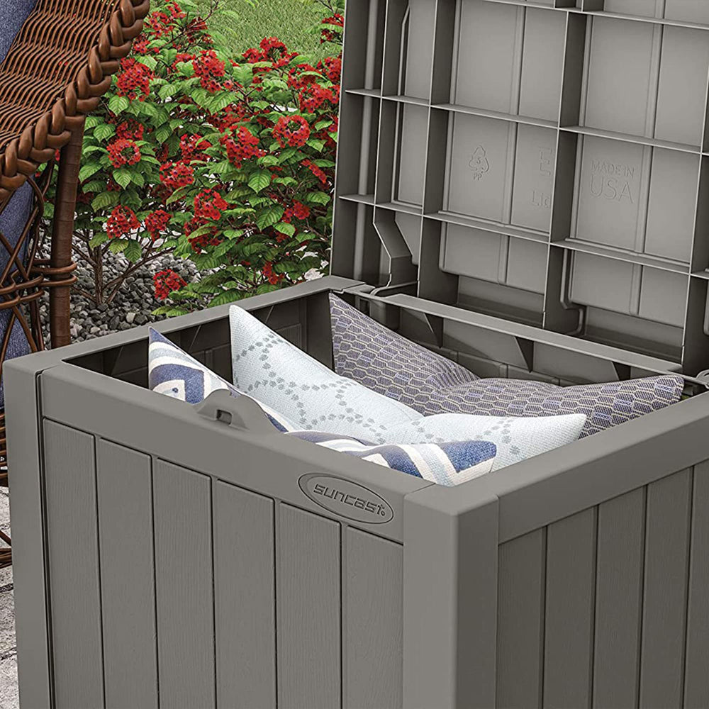 Suncast assembled on patio shows blend with outdoor furniture and low maintenance