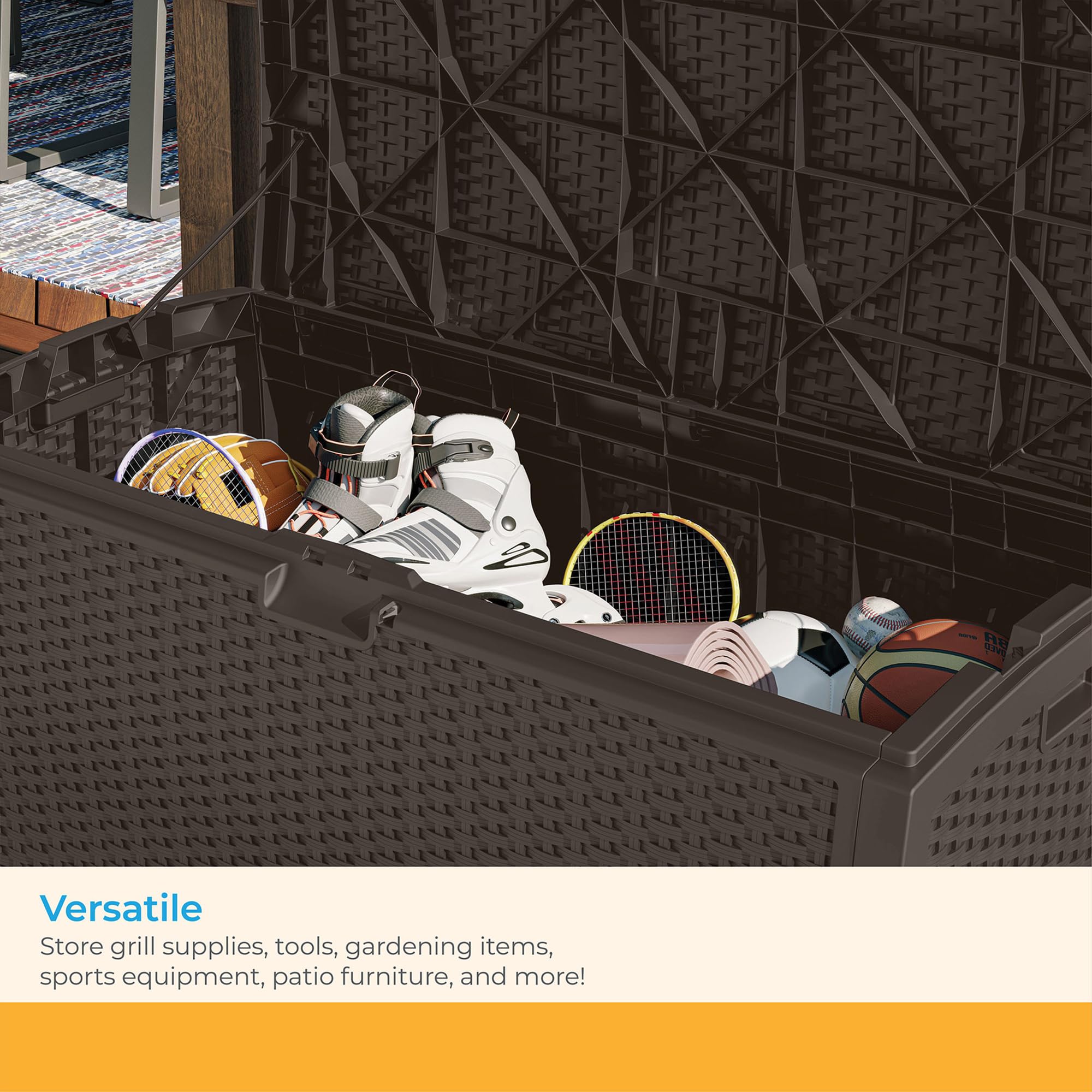 Suncast chest filled with patio cushions showing organized seasonal storage