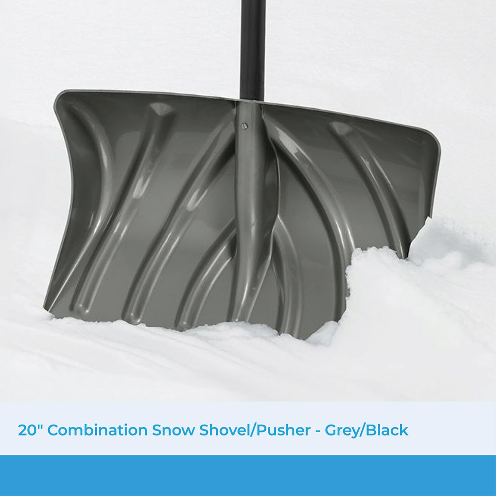 Suncast close-up of angled ribbed blade improving snow collection