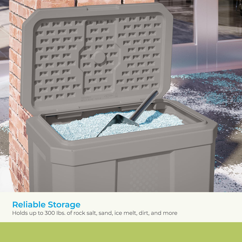 Box holding bag of ice melt illustrating Suncast capacity and heavy-duty support
