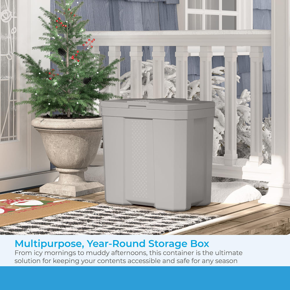 Suncast Commercial box open with tools inside demonstrating easy access benefit