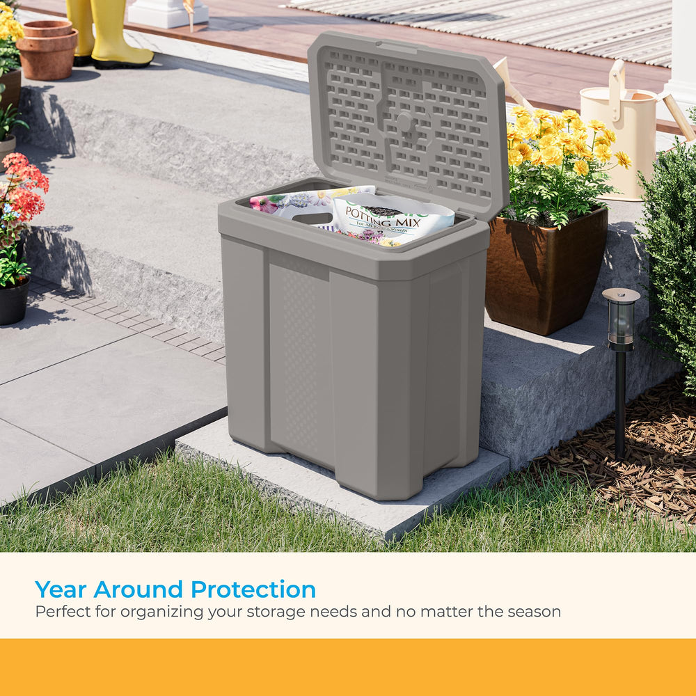 Suncast box beside a patio chair for scale to show compact footprint
