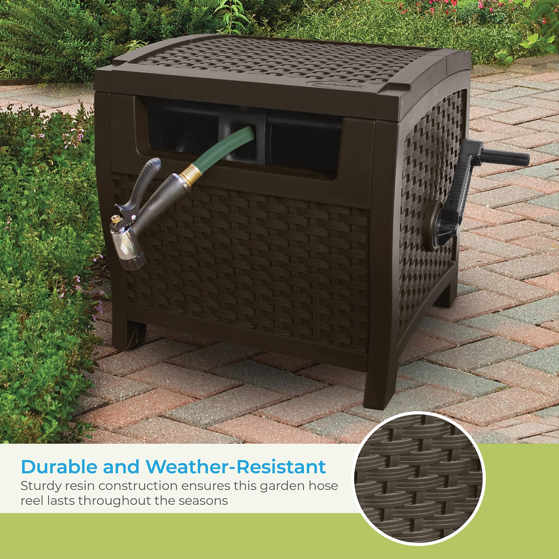 Suncast crank handle detail showing easy rewind benefit for quick cleanup