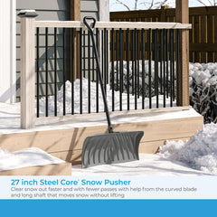 Suncast close-up of curved blade profile reducing effort and improving snow flow