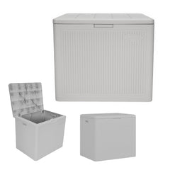 Suncast front view of French gray deck box showing compact organized storage benefit