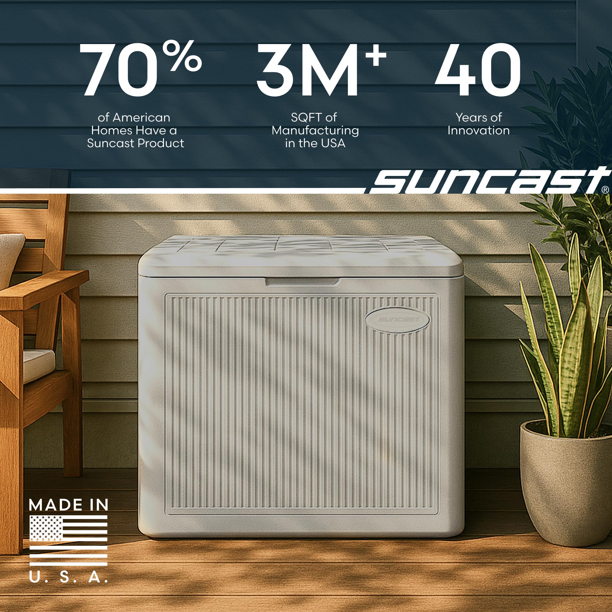 Suncast deck box in balcony lifestyle setting showing stylish outdoor organization